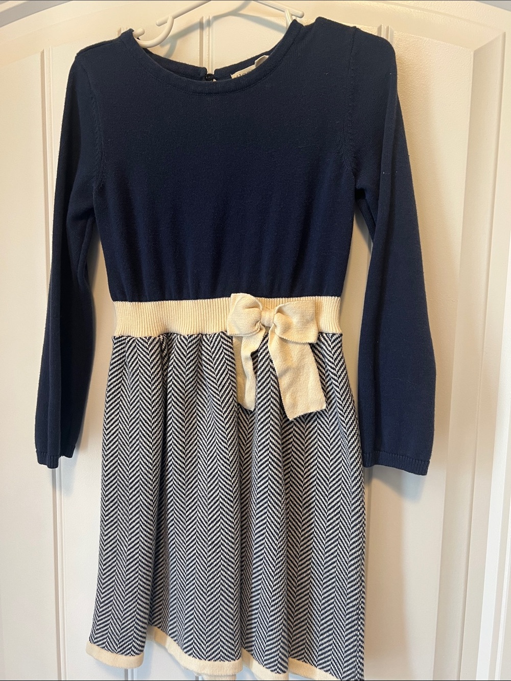 Girls Navy and Cream Knit Bow Waist Dress